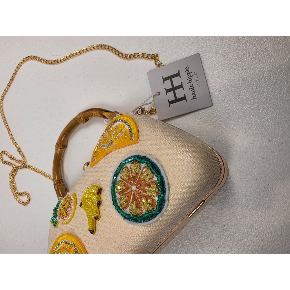 Haute Hippie Beaded Fruit Straw Clutch Crossbody Bamboo Handle Bag Natural NEW - Picture 11 of 13